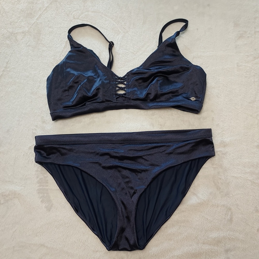 CALIA by Carrie Underwood Navy Shimmer Bikini Set Large Lattice Front